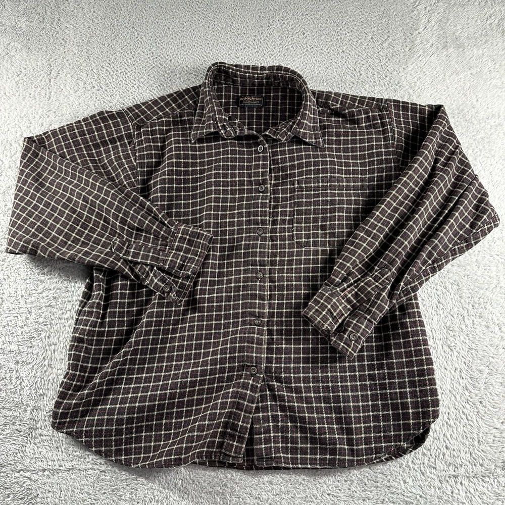 VINTAGE Woolrich Flannel Shirt Womens XXL 2X Plaid Button Up Long Sleeve Black‎